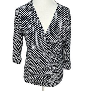 Talbots Surplice Wrap Blouse Navy White